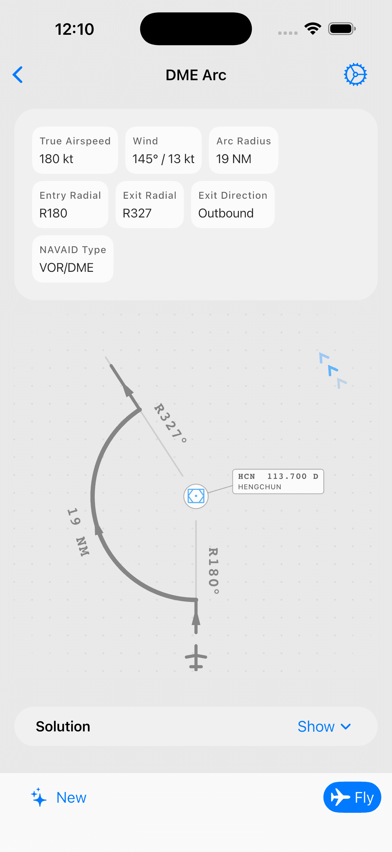 DME arc chart view with aircraft position on the arc