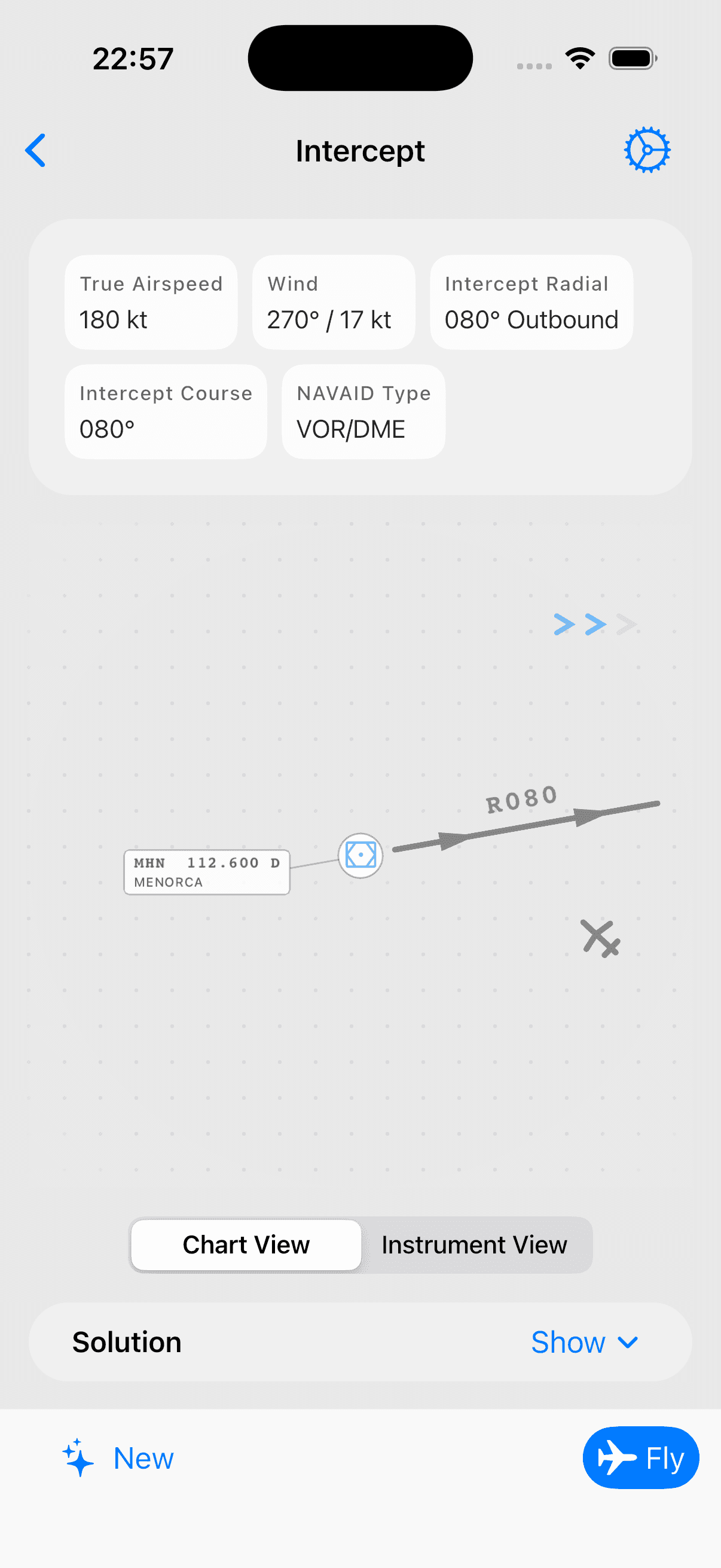 Intercept chart view with aircraft position and heading solution