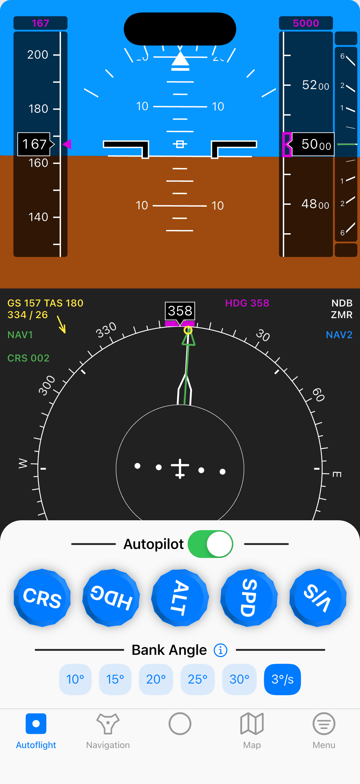 Glass cockpit with PFD and navigation display